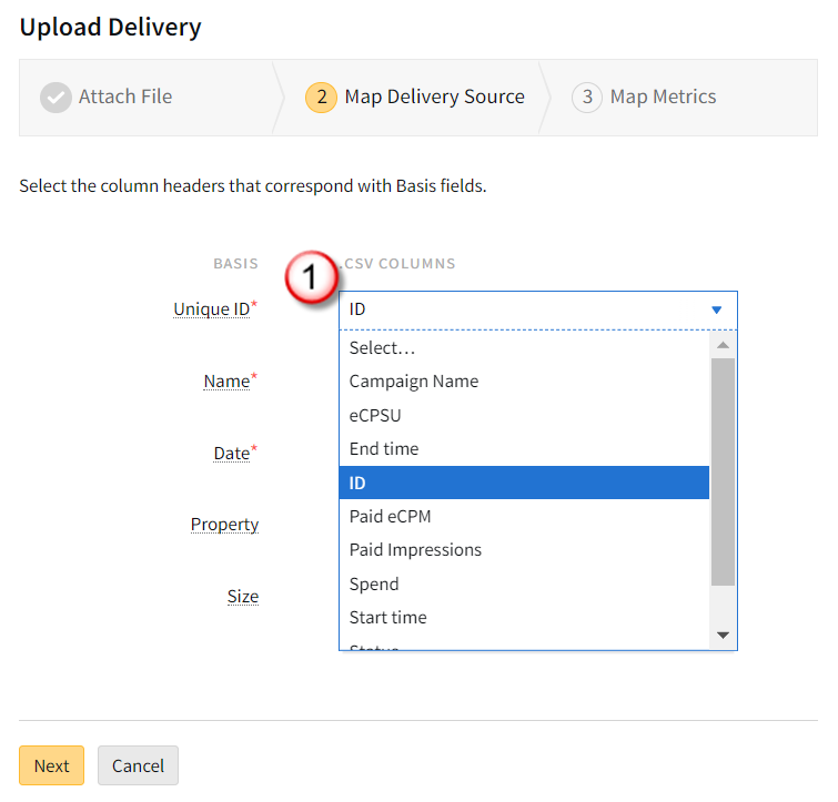 Map Delivery Source tab of the Upload Delivery modal with a list of Basis fields and CSV column dropdowns avalable to be matched to the Basis fields.